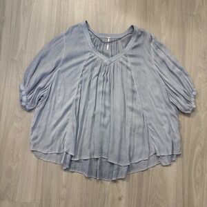Free People Blouse Women Blue V Neck Gauze Pleated Top Tunic Hippie Size XS
